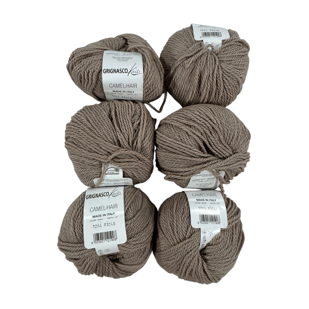 Grignasco Knits Camel-Hair Yarn 6 Skeins Merino Wool Blend Made in Italy Taupe